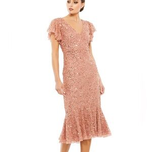 Mac Duggal Style 10801 Rose Gold Flutter Sleeve Sequined Midi Dress 4